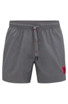 Hugo Quick-drying Swim Shorts With Red Logo Label In Dark Grey