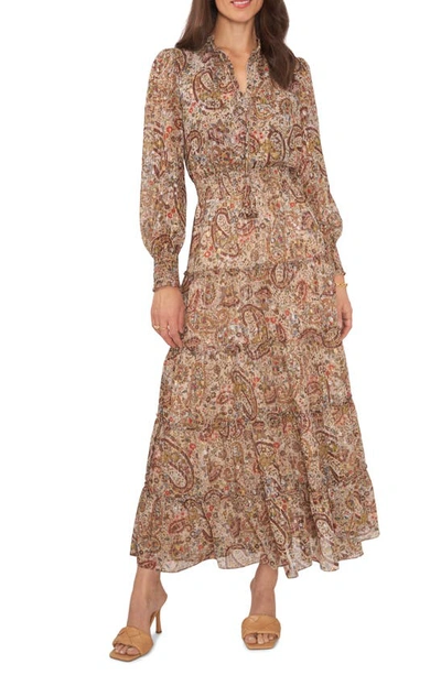 vince camuto women's long sleeve tiered maxi dress Vince Camuto Metallic Fleck Paisley Long Sleeve Tiered Maxi Dress In French  Roast Paisley