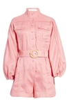 Zimmermann Anneke Long Sleeve Belted Linen Romper In Rose