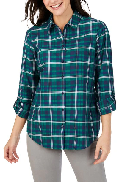 Foxcroft Zoey Plaid Cotton Blend Button-up Shirt In Navy Multi