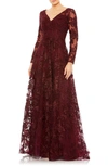 MAC DUGGAL BEADED FLORAL EMBROIDERED LONG SLEEVE A-LINE GOWN