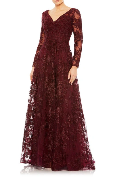 Mac Duggal Embellished Illusion Long Sleeve V Neck Gown In Mahogany