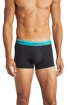 Calvin Klein 3-pack Low Rise Microfiber Stretch Trunks In Black With Cobalt Navy And Yellow Wasitband