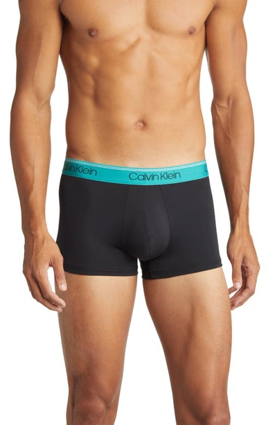 Calvin Klein 3-pack Low Rise Microfiber Stretch Trunks In Black With Cobalt Navy And Yellow Wasitband