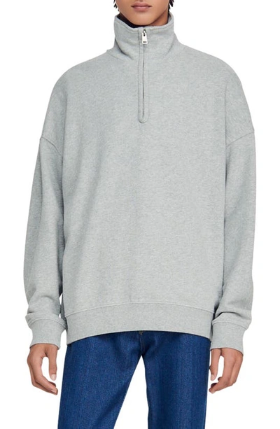 Sandro Relaxed-fit Zip-neck Organic-cotton Sweatshirt In Mocked Grey