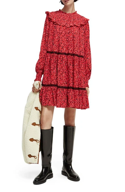 Scotch & Soda Frilled Long Sleeved Dress With Smocked Collar In Red