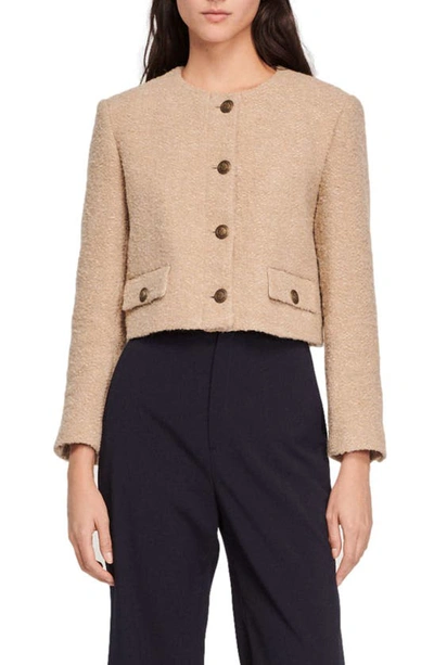 Sandro Wallace Cropped Buttoned Tweed Jacket In Sand