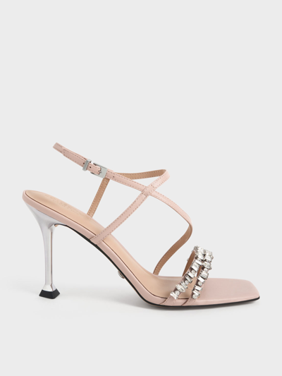 Charles & Keith Leather Gem-embellished Strappy Sandals In Nude