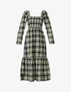 Ganni Long Sleeve Checkered Seersucker Maxi Dress In Check Elfin Yellow In Check Elfin Yellow