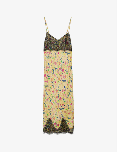 Ted Baker Sassino Floral-print Lace-detail Slip Dress In Yellow | ModeSens