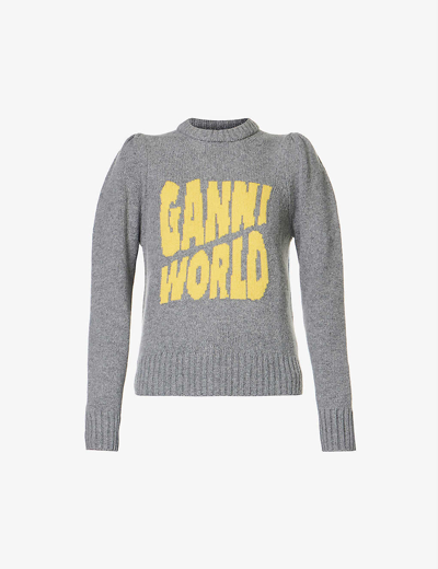 Ganni Brand-print Ribbed-trim Recycled Wool Jumper In Grey