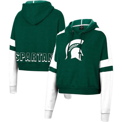 Colosseum Heather Green Michigan State Spartans Throwback Stripe Arch Logo Cropped Pullover Hoodie