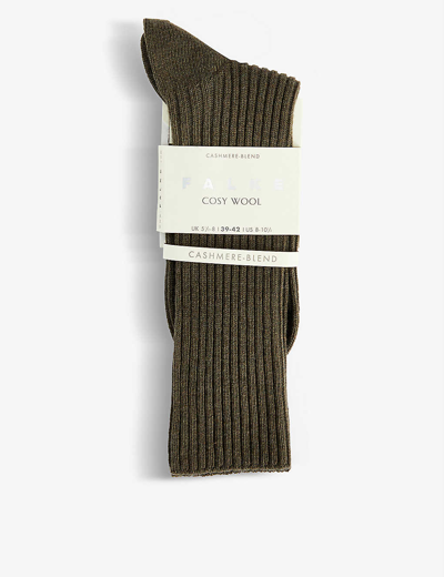 Falke Cosy Wool Ribbed Calf-length Wool-blend Socks In Military