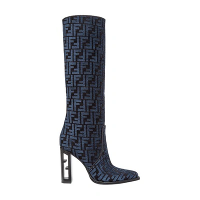 Fendi Jacquard Ff Sculptural-heel Tall Boots In Bleu