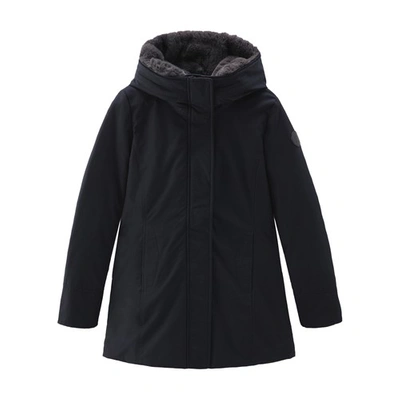Woolrich Boulder Parka With Hood And Detachable Trim In Dark Navy