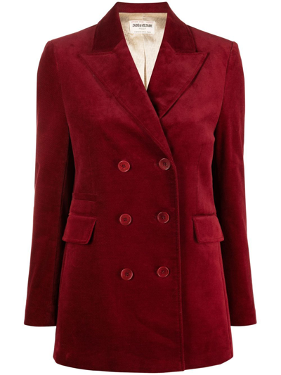 Zadig & Voltaire Voici Double-breasted Velvet Blazer In Burgundy