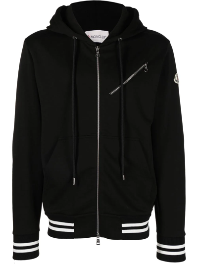 Moncler Zip Front Hooded Sweater In Black