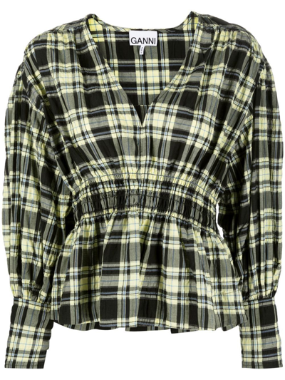 Ganni Elfin Check Organic-cotton Blend Seersucker Blouse In Green