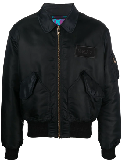 Versace Logo Patch Nylon Bomber Jacket In Black