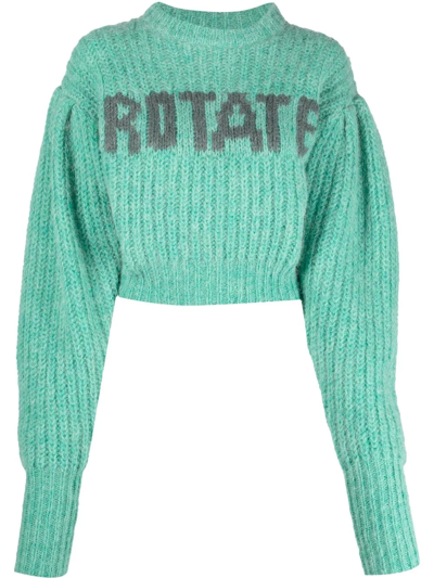Rotate Birger Christensen Adley Cropped Intarsia Wool-blend Ribbed-knit Sweater In Green