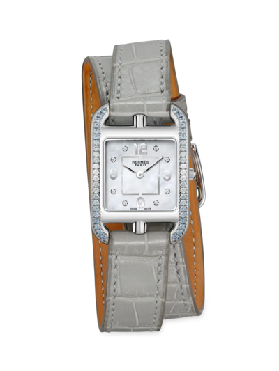 Hermes Cape Cod Stainless Steel, Sapphire, Diamond, & Alligator Leather Wrap Watch In Grey