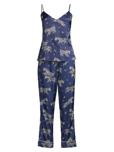 Averie Sleep Adah 2-piece Zebra-print Satin Camisole Pajama Set In Deep Blue