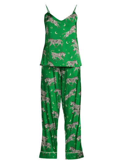 Averie Sleep Taavi 2-piece Zebra-print Satin Camisole Pajama Set In Kelly Green