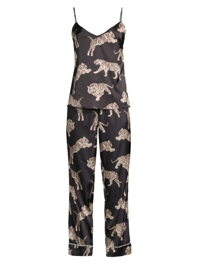 Averie Sleep Sierra 2-piece Tiger-print Satin Pajama Set In Black
