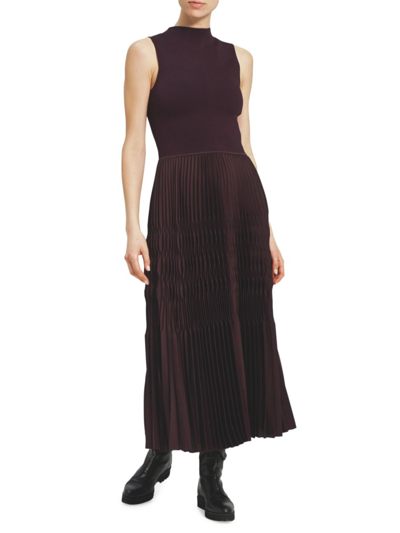 Theory Sleeveless Pleated Combo Midi Dress In Merlot