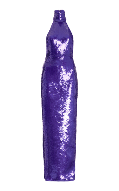 Laquan Smith Women's Sequin-embroidered High-neck Gown In Purple