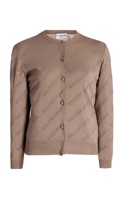 Balenciaga Woman Beige Knit Crop Cardigan With All-over Logo In Neutral