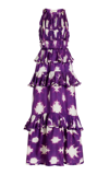 Ulla Johnson Serafina Tiered Ruffle Shibori Silk Gown In Cassis Blur