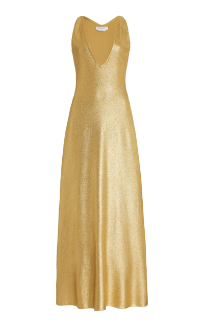 Gabriela Hearst Melitta Plunging Sleeveless Foiled Maxi Dress In Gold