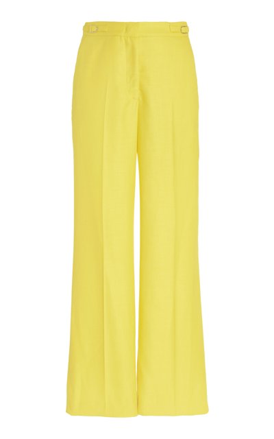 Gabriela Hearst Vesta Wool, Silk And Linen-blend Straight-leg Pants In Yellow,blue