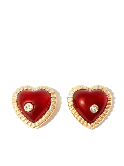 Yvonne Léon 9kt Yellow Gold Agate Diamond Heart Stud Earrings In 金色