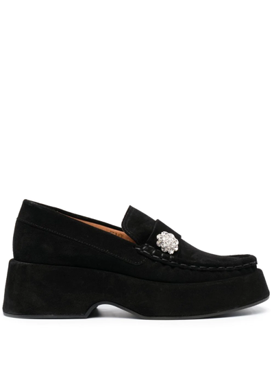 Ganni Crystal-button Suede Loafers In Black