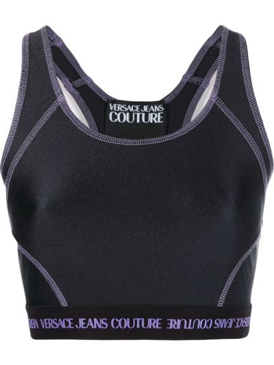 Versace Jeans Couture Logo Band Exposed Seam Sports Bra In Black