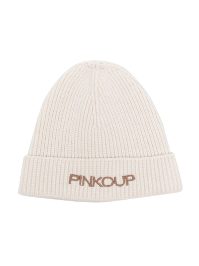 Pinko Teen Embroidered-logo Knitted Beanie In Neutrals