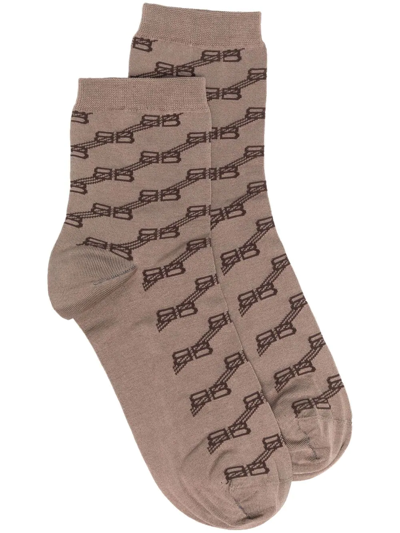 Balenciaga Bb Monogram-pattern Socks In Beige & Brown
