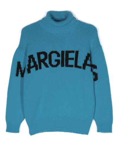 Mm6 Maison Margiela Kids' Intarsia Knit-logo Roll Neck Jumper In Blue