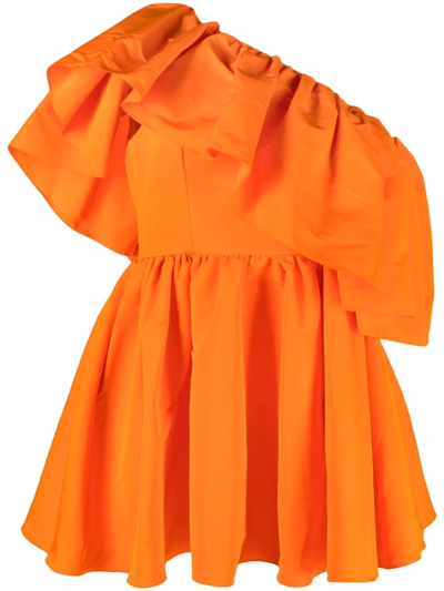 Alexander Mcqueen One-shoulder Ruffled Twill Mini Dress In Luminous Orange