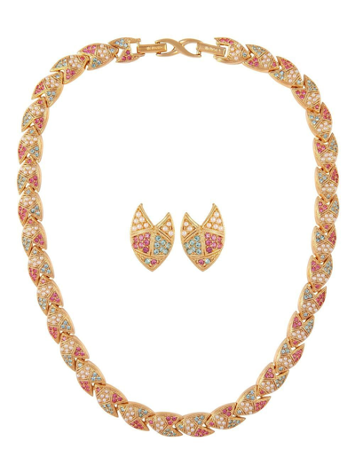 Pre-owned Susan Caplan Vintage 1980s D'orlan Swarovski Crystals Earrings And Necklace Set In Gold
