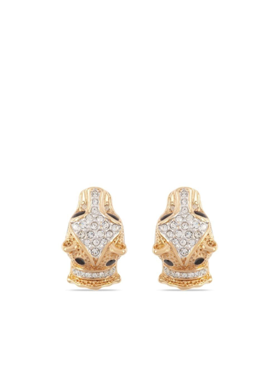 Pre-owned Susan Caplan Vintage 1980s Attwood & Sawyer Tiger Head Clip-on Earrings In 金色