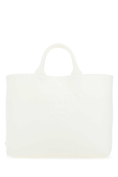 Prada Logo Embroidered Tote Bag In White