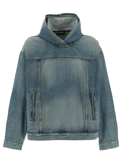 Balenciaga Stonewashed-denim Hooded Jacket In Blue