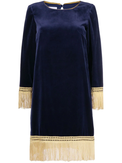 Moschino Fringe-trim Velvet Shift Dress In Blau