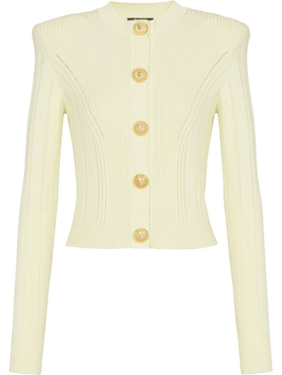 Balmain Knit Cardigan With Gold Buttons In Jaune Pale