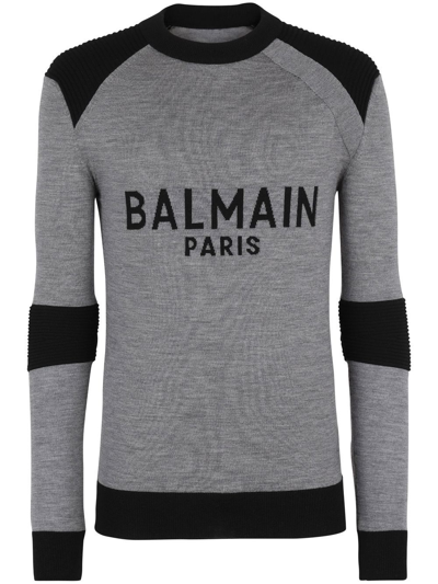 Balmain Fine-knit Jacquard-logo Jumper In Grey