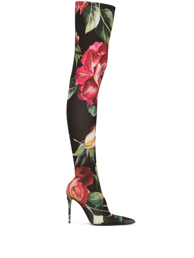 Dolce & Gabbana Floral-print Thigh-high Boots In Multicolor