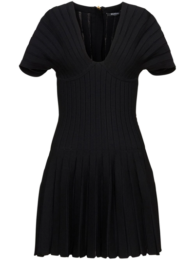 Balmain Pleated Mesh Mini Dress In Black